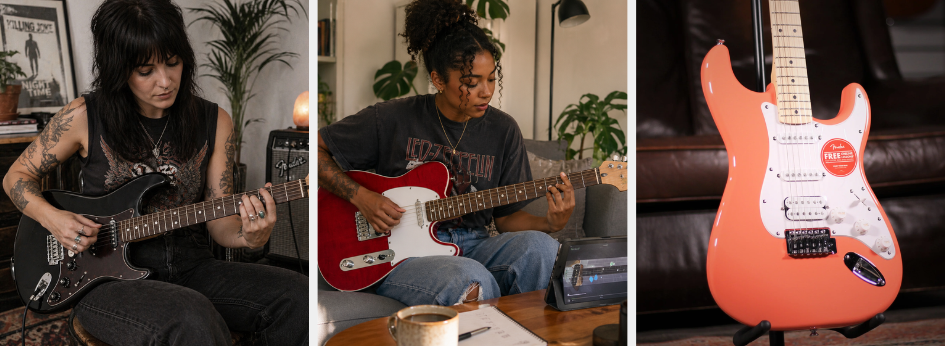 Women playing electric guitar 